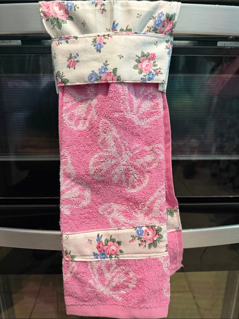 Handmade Pink Butterfly Kitchen Towel with Floral